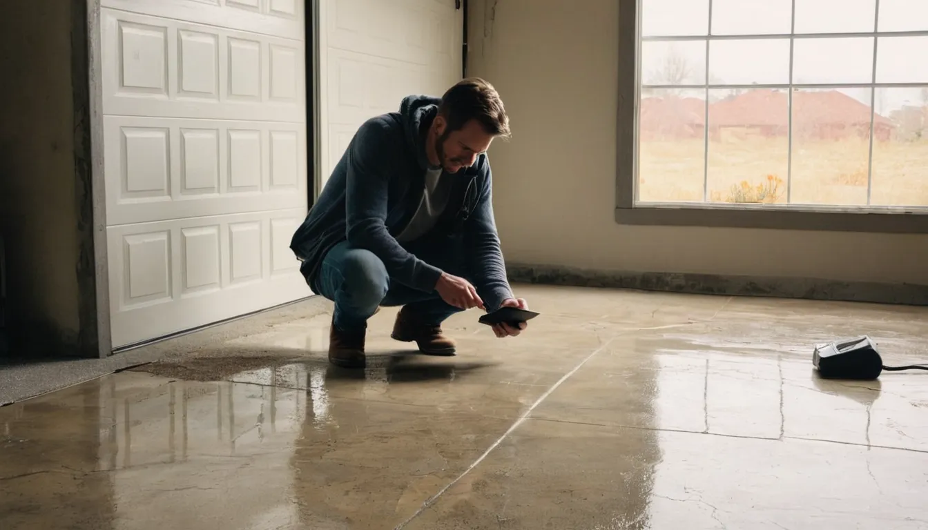 A homeowner photographing a garage floor to prepare for estimates in the Aurora area